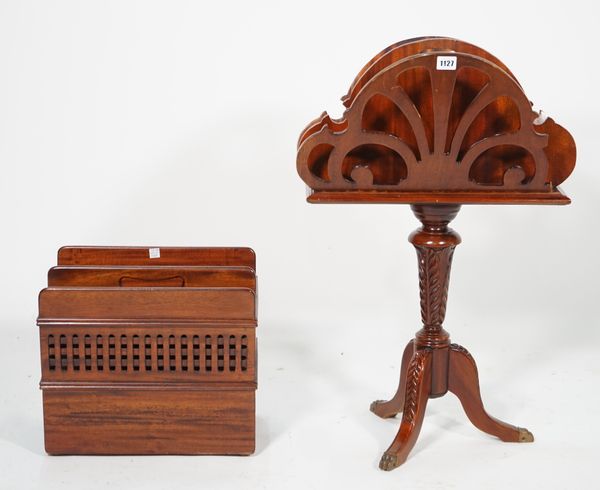 A Victorian style mahogany three division magazine rack on three outswept supports, 45cm wide x 71cm high, and another mahogany two division magazine