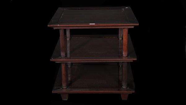 A modern ebonised three tier occasional table on fluted supports, 66cm wide x 66cm high.