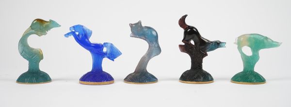 Five modern Daum coloured glass animals, comprising; a horse, a cat, mouse, wild boar and a dog, all signed 'Daum France', the tallest 14cm high, (5).