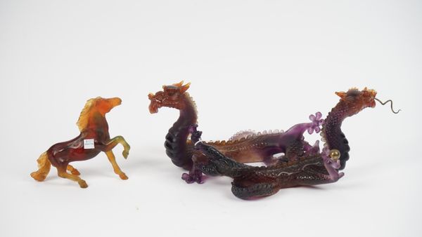 A modern Daum coloured glass dragon group modelled as two dragons chasing a flaming pearl, signed 'Daum France', 42cm wide (a.f) and a Daum coloured g