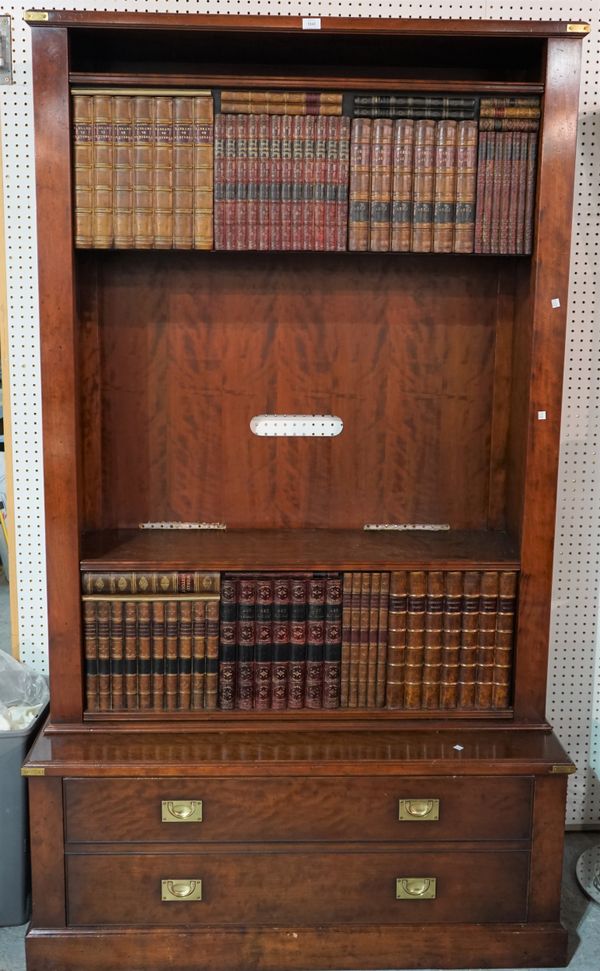 A modern mahogany side cupboard with two shelves and central faux book sliding doors, 120cm wide x 161cm high.