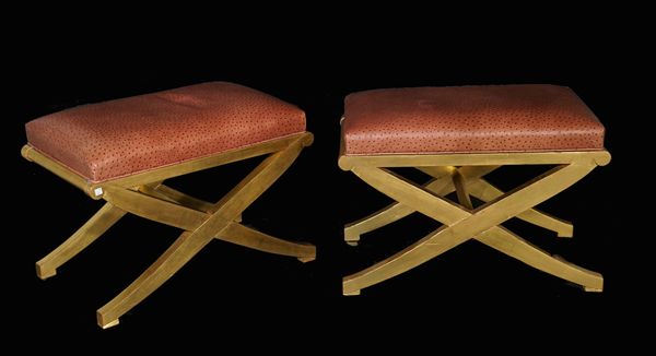 A pair of modern giltwood rectangular 'X' frame footstools with faux ostrich leather upholstery, 71cm wide x 47cm high, (2).