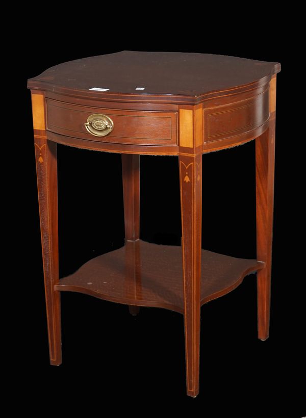 Baker, Historic Charlston Reproductions, a pair of Regency style inlaid mahogany two tier single drawer occasional tables, 51cm wide x 89cm high.