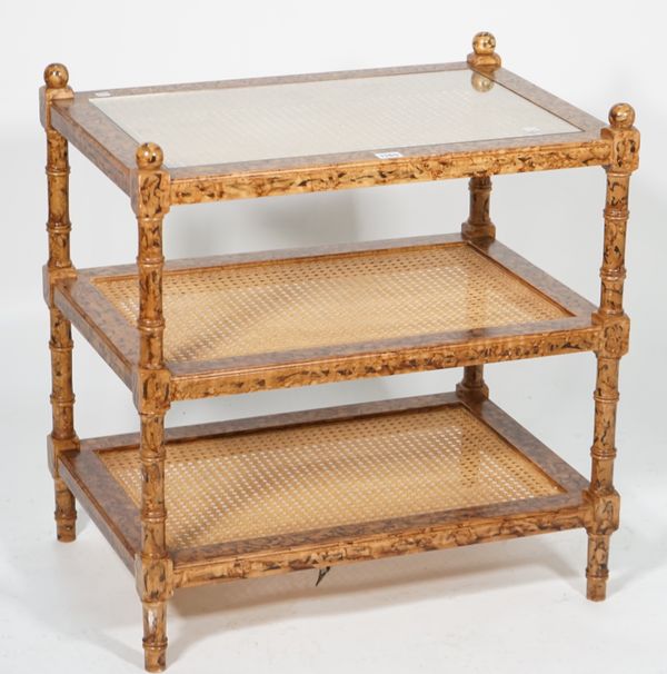 A modern three tier what-not with painted wood grain decoration, 66cm wide x 72cm high.