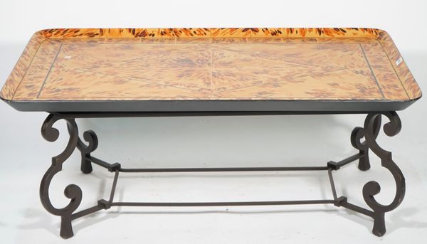 A modern faux tortoiseshell painted tray top coffee table, on metal base, 114cm wide x 45cm high.