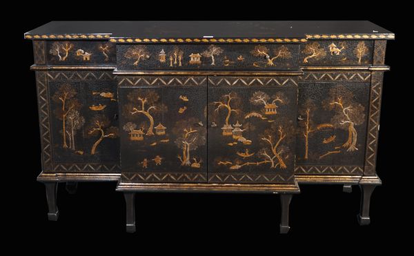 An 18th century style chinoiserie decorated breakfront sideboard, with three frieze drawers over cupboard, on tapering square supports, 152cm wide x 8