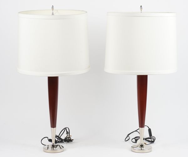 A pair of 'Boyd' hardwood and chrome table lamps of tapering cylindrical form, on a circular foot, 45cm high, (2).