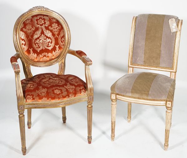 Lucca de Creazioni Davi, a Louis XVI style open armchair, with gilt velvet upholstery, 56cm wide x 100cm high, and a Louis XVI style white and parcel