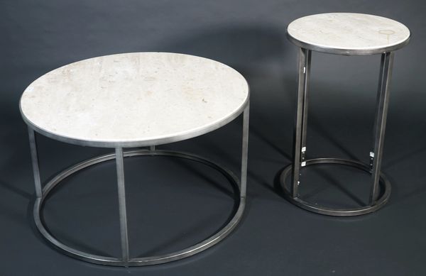 A modern marble topped circular coffee table on tubular metal base, 75cm diameter x 45cm high and a matching smaller side table, 40cm diameter x 62cm