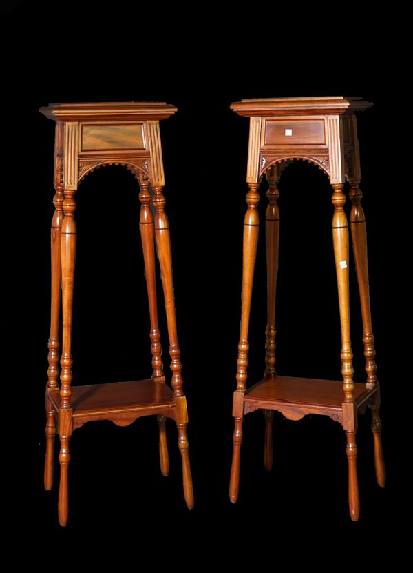 A pair of Victorian style stained beech rectangular jardiniere stands, on bobbin turned supports, 35cm wide x 122cm high.