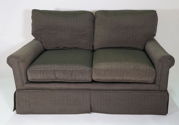 Schumacher, a modern three seater sofa, with grey/green upholstery, on tapering square supports, 200cm wide x 85cm high, and another matching two seat