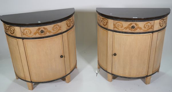 N.W; a pair of modern Italian cream and gold painted demi-lune single drawer side cupboards, 76cm wide x 77cm high, (2).