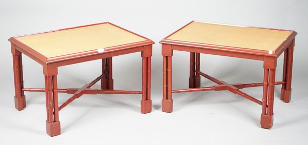 A pair of modern red lacquer and tan shagreen low side tables, 71cm wide x 48cm high, (2).