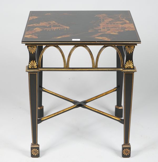 A modern chinoiserie decorated occasional table, on tapering square supports united by 'X' frame stretcher, 58cm wide x 67cm high.