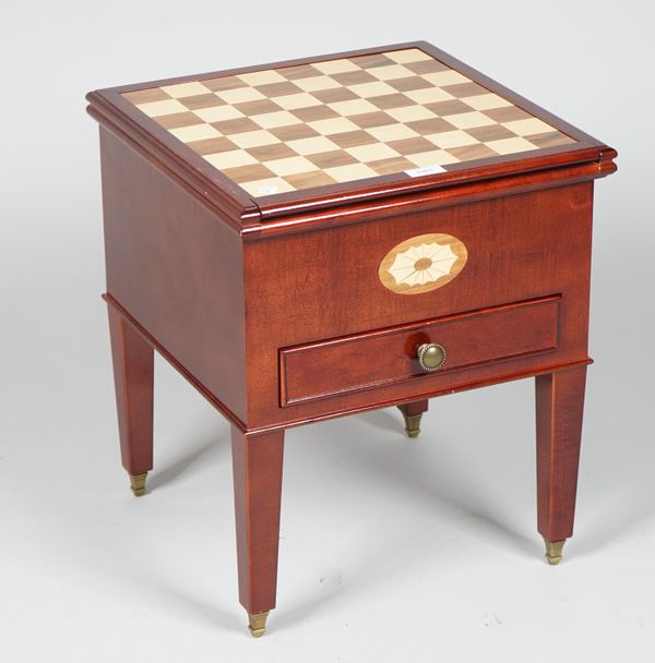 A modern inlaid mahogany games table with glass chess set, 41cm wide x 49cm high.