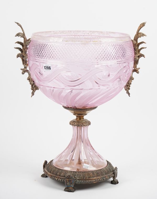 A 'Baldi' Italian crystal and gilt metal mounted centrepiece bowl of large proportions, hobnail cut and engraved decoration, raised on a tapering circ