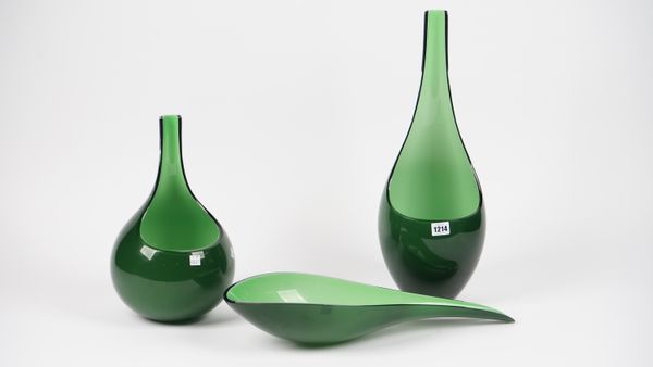 Murano, Salviati, a green glass vase of bottleneck open form, 53cm high, another smaller, 35cm high and a matching bowl, 52.5cm wide, (3).