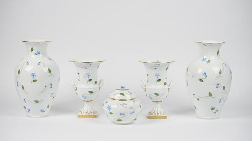 A pair of Herend porcelain 'First Edition' hand painted vases decorated with blue flowers against a gilt white ground, 32.5cm high, a matching pair of