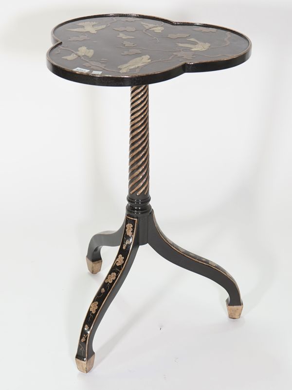 Rose Tarlow - Melrose House; a modern Japanned trefoil shaped tripod table with spiral twisted column on three downswept supports, 64cm wide x 74cm hi