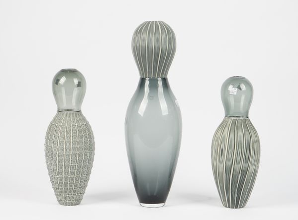 Murano, Salviati, three graduated glass vases of waisted form, one signed 'J. Poilpeizzi 27' and dated 2002, the tallest 49cm high, (3).