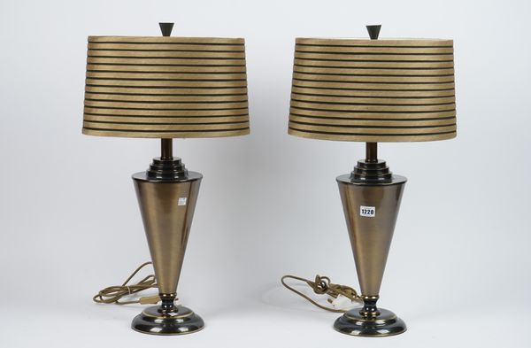 A pair of modern patinated metal table lamps of stepped conical tapering form, 37cm high, (2).