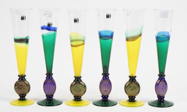 A set of six Carlo Moretti champagne flutes, each signed & dated 2005, 27.2cm high, (6).