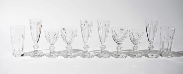 A part suite of Baccarat crystal stemware, comprising; twenty champagne flutes, 18cm high, ten wine glasses, 13.5cm high, thirteen smaller wine glasse