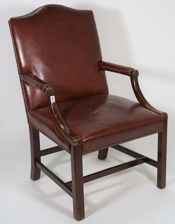 Peter Dudgeon; a George III style mahogany Gainsborough open armchair, on block supports, 61cm wide x 101cm high.