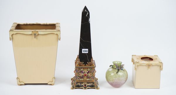 Jay Strongwater, a marble obelisk decorated with applied coloured paste set gems against a gilt enamelled ground, limited edtion 83/450, 44.5cm high,