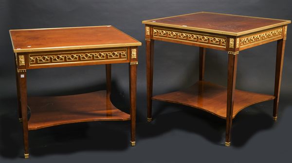 A near pair of Regency style mahogany and ormolu mounted square centre tables, on tapering square supports, united by undertier, 76cm wide x 70cm high