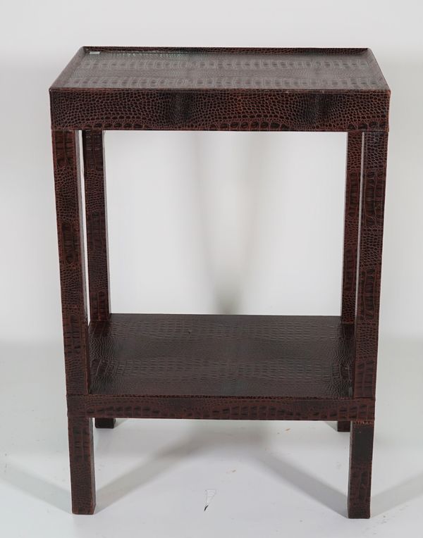 A modern faux brown crocodile skin upholstered two tier side table, 56cm wide x 81cm high.