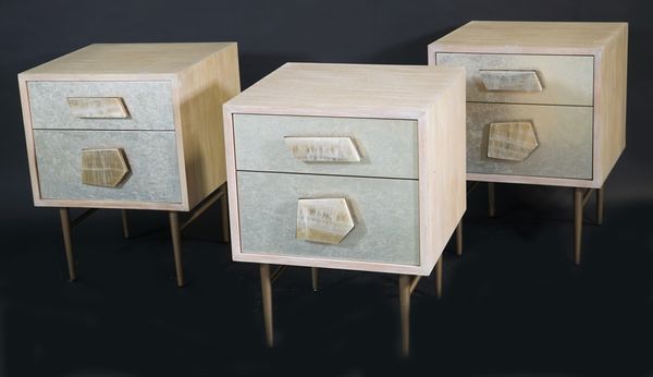 West Elm; a group of three hardwood Roar + Rabbit jewelled bedside tables, 46cm wide, (3).