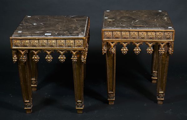 A pair of Regency style giltwood low side tables, with inset green marble tops and tapering square supports, 41cm wide x 50cm high, (2).