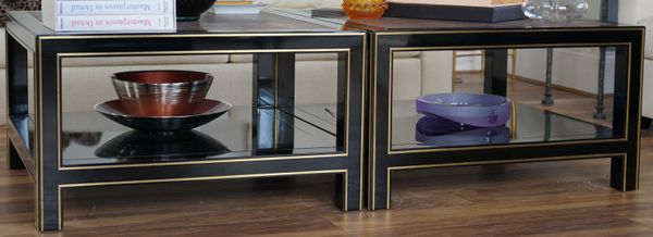 A pair of gilt metal ebonised square low tables, each with a shagreen top, 85cm wide x 49cm high, (2).