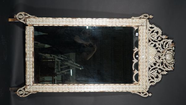 A late 19th century mother-of-pearl and bone inlaid wall mirror with smoked mirrored glass, 91cm wide x 205cm high.