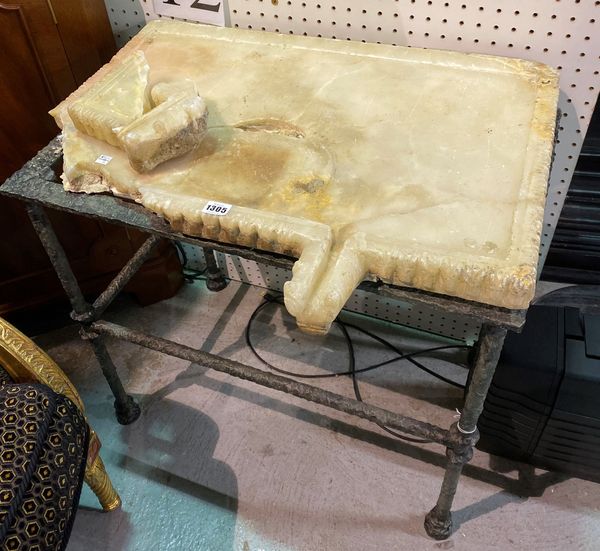 Probably Eastern, an onyx rectangular topped butchery table, on a green patinated bronze frame support, 71cm wide x 71cm high.