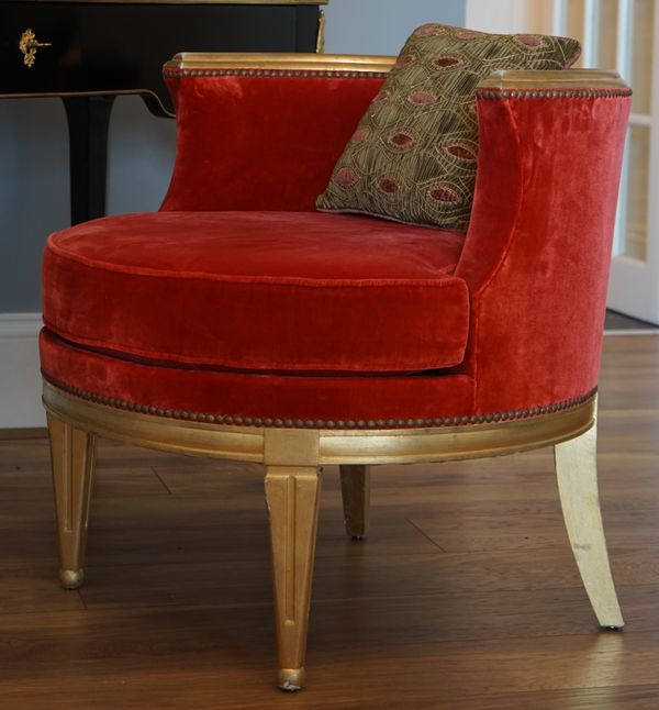 A modern giltwood red velvet upholstered tub chair, 67cm wide x 65cm high.