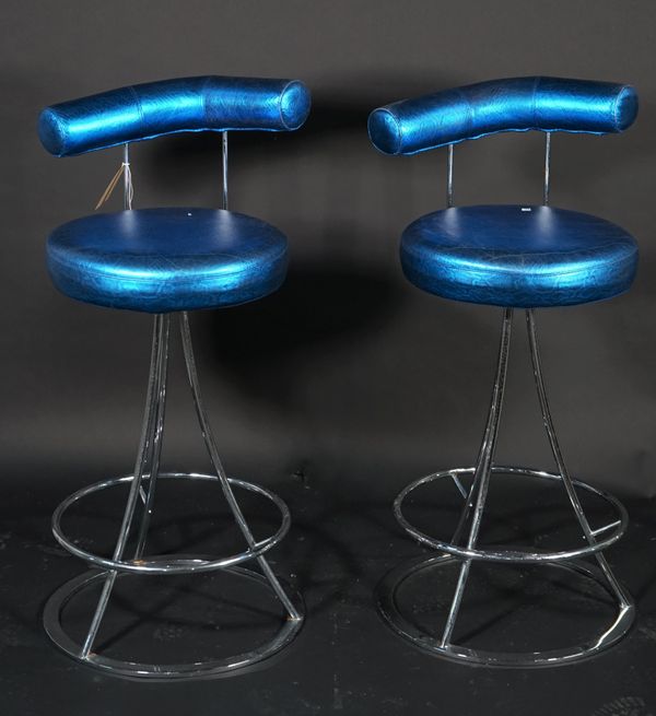 A pair of modern chrome bar stools, with faux snake skin electric blue leather upholstery, 42cm wide x 98cm high, (2).