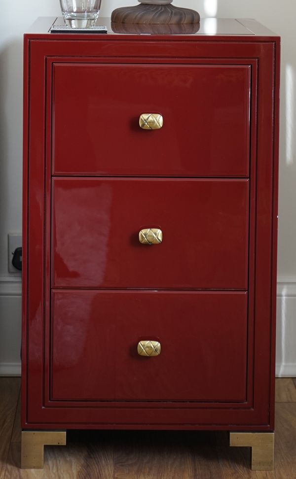 A pair of burgundy lacquer bedside cabinets, 45cm wide x 78cm high, (2).