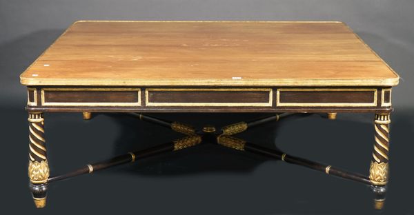 A Louis XVI style mahogany and parcel gilt decorated square coffee table, united by turned 'X' frame supports, 138cm x 51cm high.