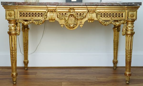 A Neo Classical style Italian giltwood breakfront marble topped console table, 146cm wide x 90cm high.