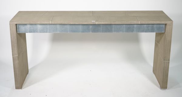 A modern chrome and beige lacquer two drawer console table, 160cm wide x 75cm high.