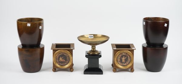 A Thomas Goode brass and marble tazza, 22cm high, a pair of turned wooden vases by Catrine Tontini, Paris, 32.5cm high, and a pair of modern, square