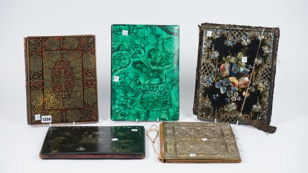 A boulle work blotter cover of rectangular form, 28.5cm x 22cm, a Victorian mother-of-pearl inlaid blotter cover and four further covers, (6).