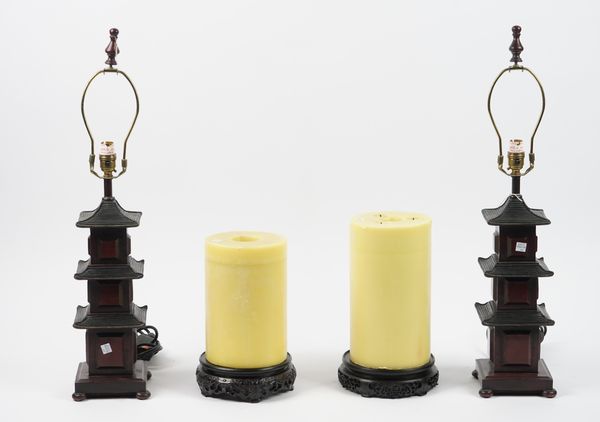 A pair of modern table lamps formed as pagodas, 68cm high, and a pair of vase stands, (4).