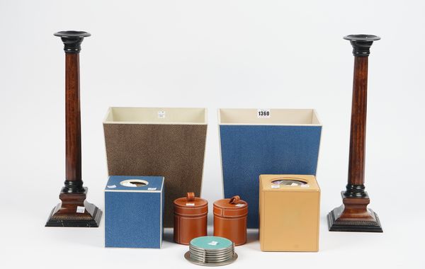 A blue shagreen covered wooden waste bin of rectangular tapering form, another similar, 26cm high, two tissue boxes, a pair of modern composite candle