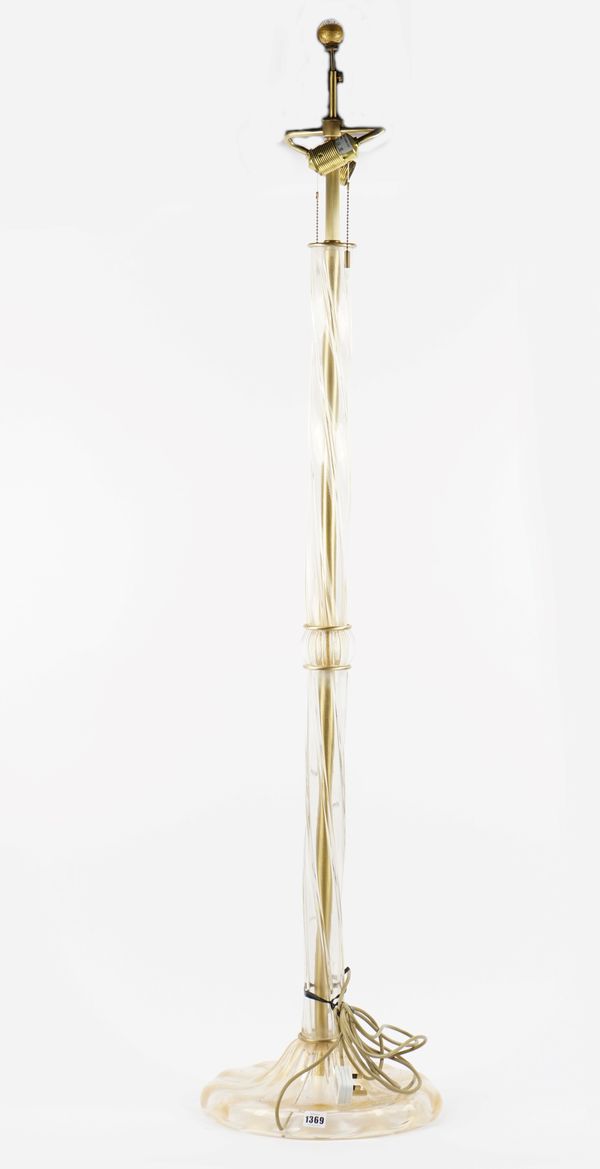 A Murano style glass twisted stem standard lamp, 155cm high, with a shade.