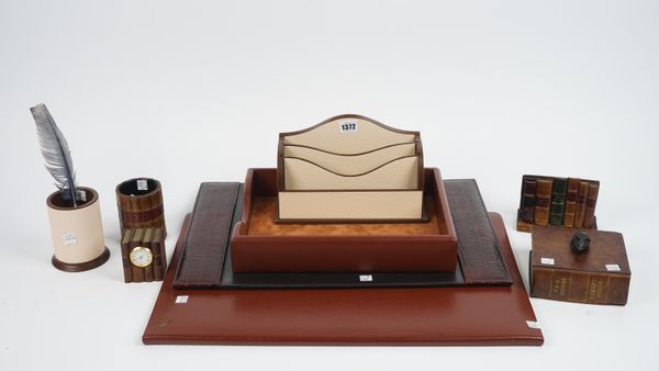 A shagreen stationery rack & matching pen pot, with leather paper tray and a selection of desk accessories, (8).