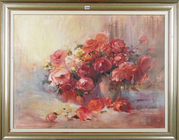 Marietta Meyer, Still life of roses, oil on board, signed lower right, 75cm x 101cm.