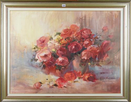 Marietta Meyer, Still life of roses, oil on board, signed lower right, 75cm x 101cm.